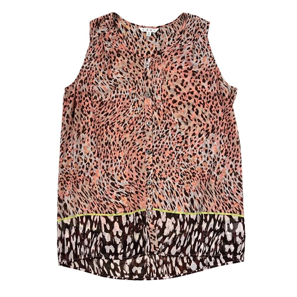 CAbi Beguile Leopard Print Button Up Sheer Sleeveless V-Neck Tunic Top - SIZE M